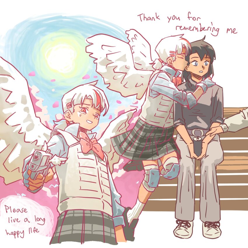 3girls, angel_wings, anjuro_zeeku, black_hair, black_shirt, blue_shirt, bow, bowtie