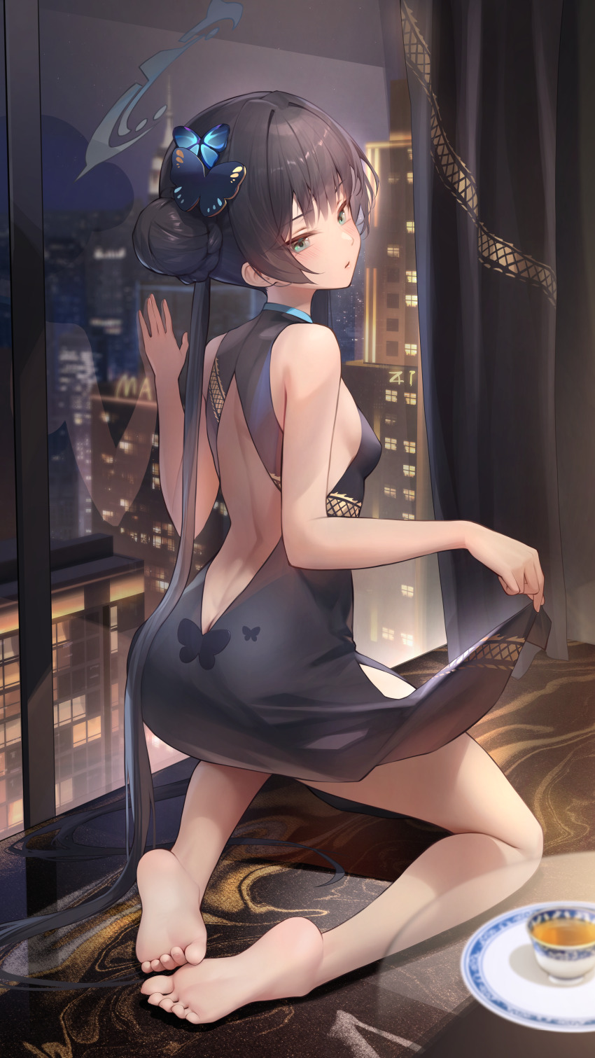 1girl, absurdres, against_glass, apartment, aqua_eyes, ass, back_cutout, bare_legs, barefoot, black_dress, black_hair, blue_archive, blush, breasts, butt_crack, butterfly_hair_ornament, china_dress, chinese_clothes, clothes_lift, clothing_cutout, commentary_request, cup, curtains, double_bun, dragon_print, dress, dress_lift, feet, from_behind, glass_table, hair_bun, hair_ornament, halo, hand_on_window, highres, indoors, kisaki_(blue_archive), kneeling, knees_apart_feet_together, legs, lifting_own_clothes, long_hair, looking_back, night, parted_lips, plate, qinghua_(porcelain), reflection, revision, round_table, side_slit, sideboob, small_breasts, soles, solo, table, tea, teacup, toes, twintails, very_long_hair, window, zhenli-mari
