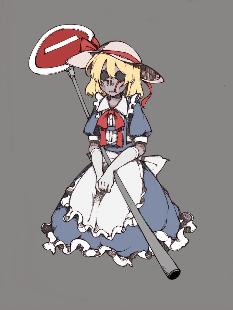 1girl, apron, back_bow, blonde_hair, blue_dress, bolos, bow, bowtie