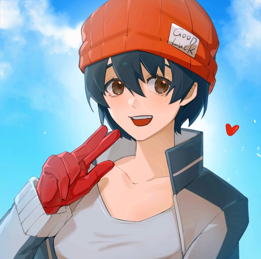1girl, backlighting, beanie, black_hair, black_jacket, blue_sky, brown_eyes, clothes_writing, cloud, collared_jacket, day, english_text, eyelashes, gloves, grey_shirt, hair_between_eyes, hand_up, hat, heart, high_collar, highres, hupo_hui_(1033556956), izumo_fuuko, jacket, light_blush, light_particles, long_sleeves, looking_at_viewer, multicolored_jacket, open_clothes, open_jacket, open_mouth, orange_hat, outdoors, red_gloves, shirt, short_hair, sky, smile, solo, teeth, two-tone_jacket, undead_unluck, upper_body, upper_teeth_only, white_jacket