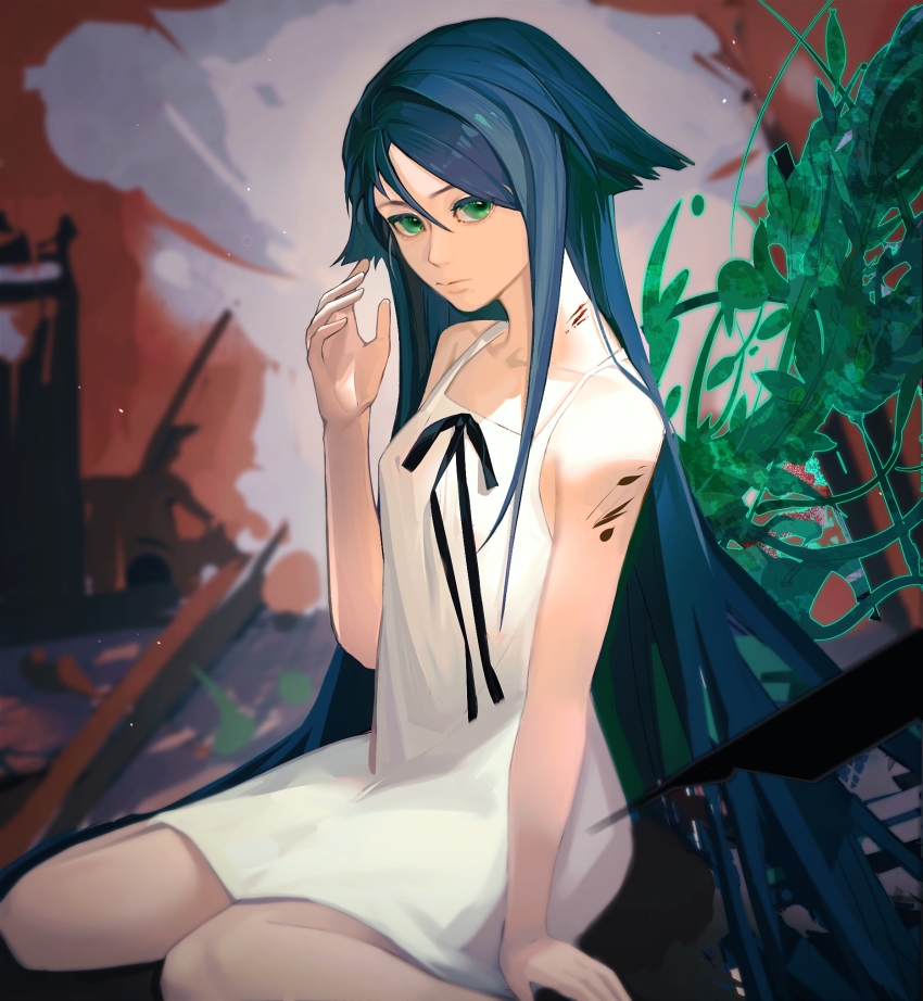 1girl, bare_arms, bare_shoulders, black_bow, black_hair, bow, dirty, dress, eyelashes, feet_out_of_frame, green_eyes, hair_between_eyes, hair_ears, hand_up, highres, hupo_hui_(1033556956), long_hair, outdoors, red_background, ruins, saya_(saya_no_uta), saya_no_uta, short_dress, sitting, sleeveless, sleeveless_dress, smoke, solo, straight_hair, sundress, very_long_hair, wariza, white_dress