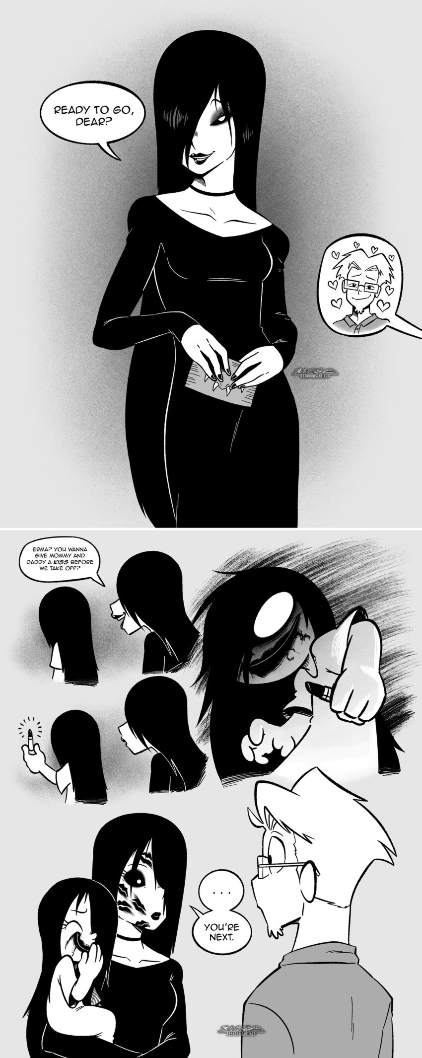 1boy, 2girls, absurdres, black_hair, blonde_hair, brandon_santiago, commentary, dress, emiko_(erma), english_commentary, erma_(comic), erma_williams, facial_hair, giggling, glasses, heart, highres, jewelry, lipstick, lipstick_mark, long_sleeves, looking_back, makeup, multiple_girls, neck, nose, original, sam_williams_(erma), signature, simple_background, smile, standing, surprised