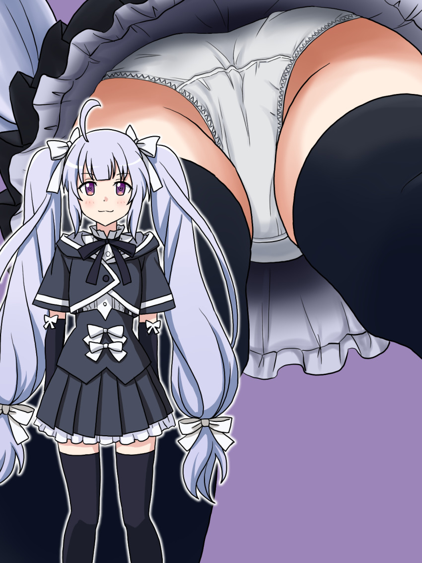 1girl, ahoge, ass, assault_lily, black_gloves, black_ribbon, black_shirt, black_skirt, black_thighhighs, bow, closed_mouth, collar, commentary_request, commission, crotch_seam, dress_shirt, elbow_gloves, frilled_collar, frilled_skirt, frills, from_below, gloves, hair_bow, high_collar, highres, lielos, long_hair, looking_at_viewer, low-tied_long_hair, miniskirt, miriam_hildegard_von_gropius, mtu_virus, multiple_views, neck_ribbon, panties, partial_commentary, pixiv_commission, pleated_skirt, purple_background, purple_hair, red_eyes, ribbon, shirt, short_sleeves, skirt, smile, standing, thighhighs, twintails, underwear, upskirt, very_long_hair, voyeur_pov, white_bow, white_panties, white_shirt