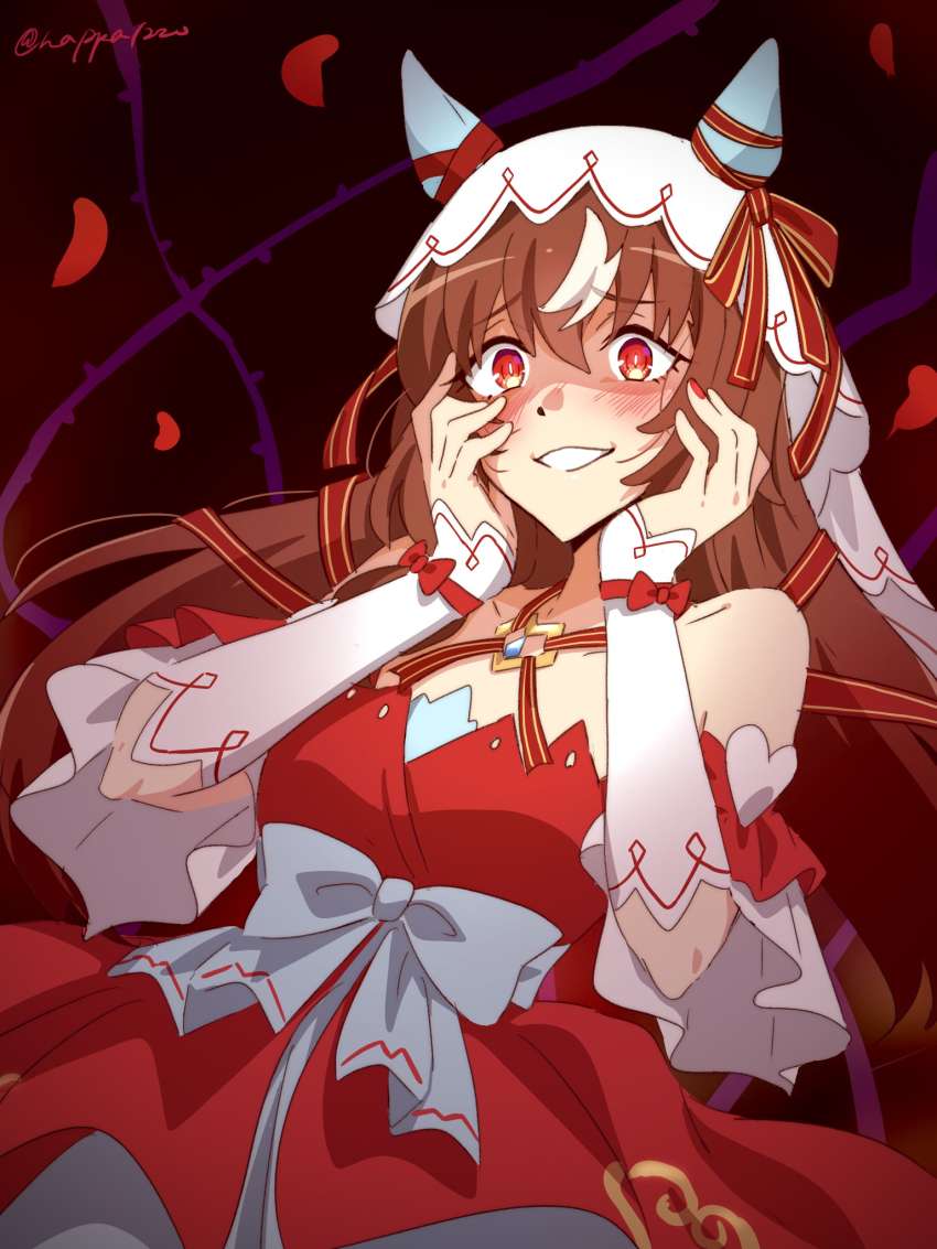 1girl, animal_ears, blush, breasts, brown_hair, commentary_request, crazy_eyes, detached_sleeves