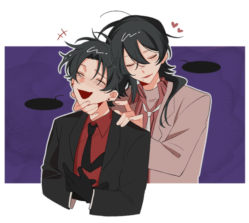 +++, 2boys, black_gloves, black_hair, black_jacket, black_necktie, blank_speech_bubble, chinese_commentary