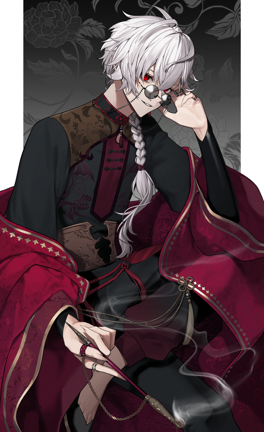 1boy, absurdres, aoringo1875, black_pants, black_shirt, black_shoes, braid, chinese_clothes