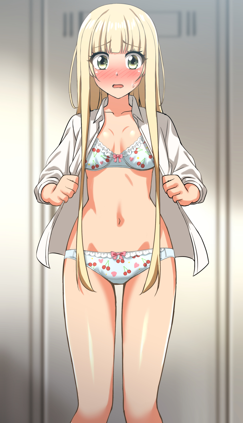 1girl, absurdres, blonde_hair, blurry, blurry_background, blush, bow, bow_bra