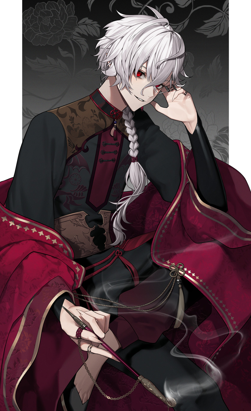 1boy, absurdres, aoringo1875, black_pants, black_shirt, black_shoes, braid, chinese_clothes