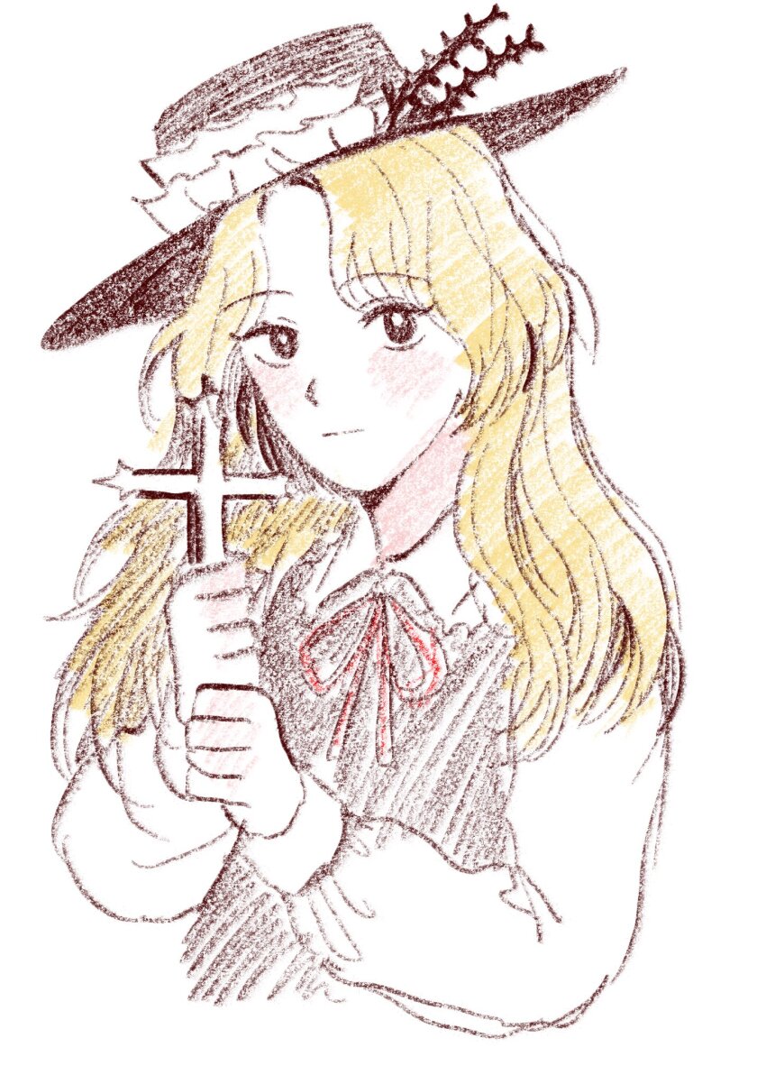 1girl, blonde_hair, blush, brown_eyes, brown_hat, brown_vest, closed_mouth, cross, dolls_in_pseudo_paradise, dorupi, frilled_hat, frilled_shirt_collar, frills, hat, hat_feather, highres, holding, holding_cross, jacket_girl_(dipp), long_hair, long_sleeves, looking_at_viewer, neck_ribbon, puffy_sleeves, red_ribbon, ribbon, shirt, smile, solo, touhou, traditional_media, upper_body, vest, white_shirt