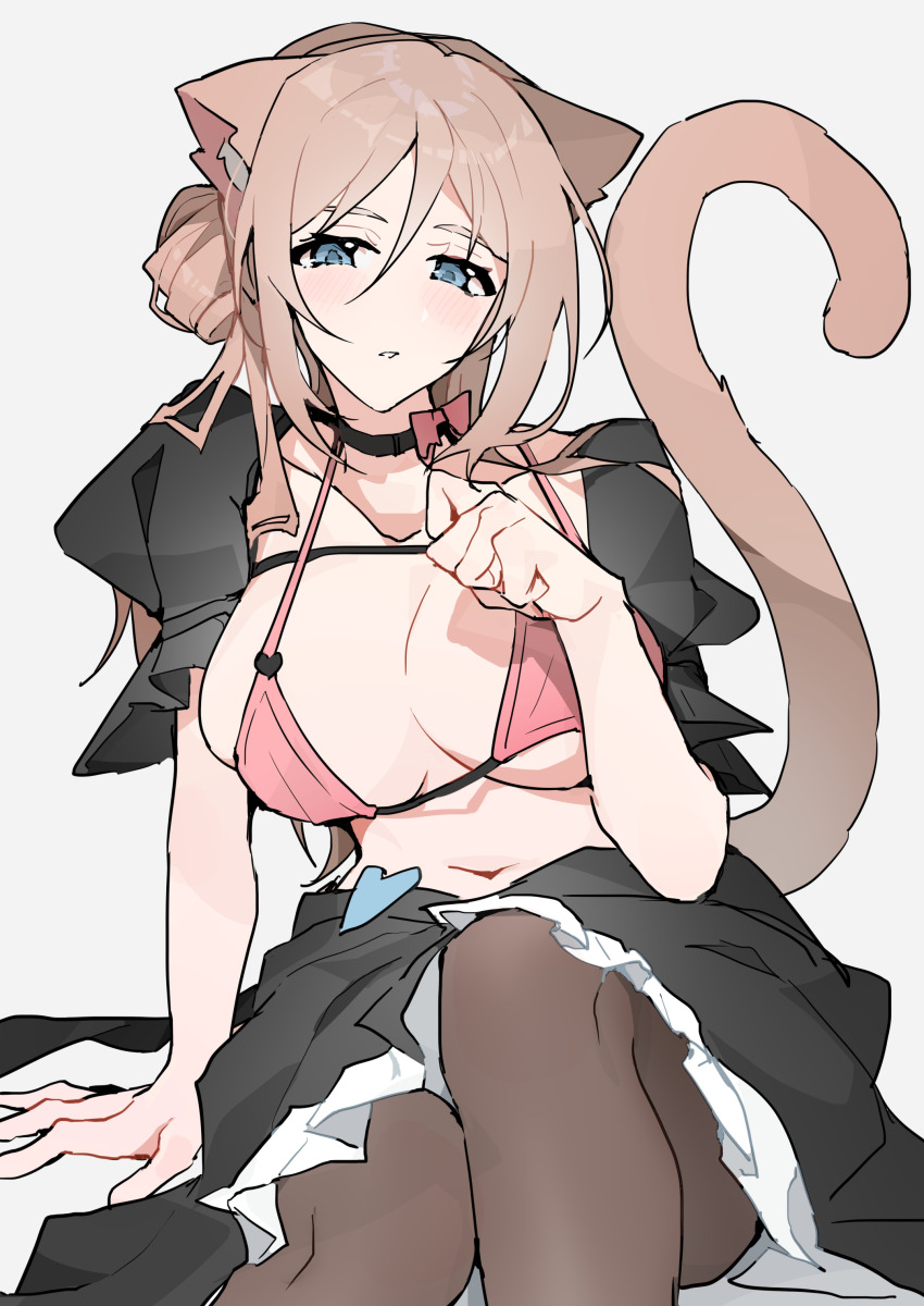 1girl, absurdres, animal_ears, arm_support, bikini, bikini_top_only, black_choker, black_pantyhose