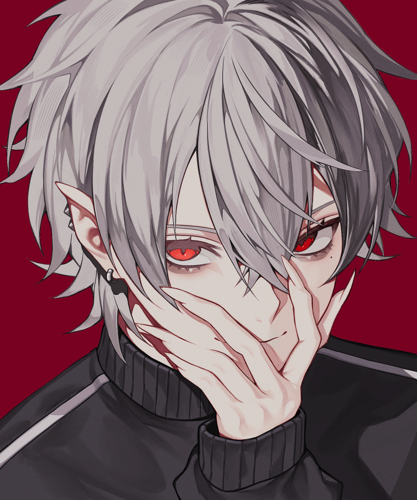 1boy, aoringo1875, black_jacket, closed_mouth, commentary_request, crossed_bangs, ear_piercing, earrings