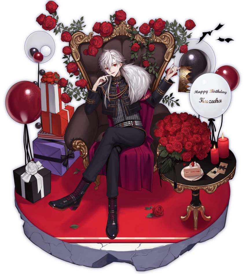 1boy, absurdres, aiguillette, aoringo1875, armband, armchair, balloon, belt