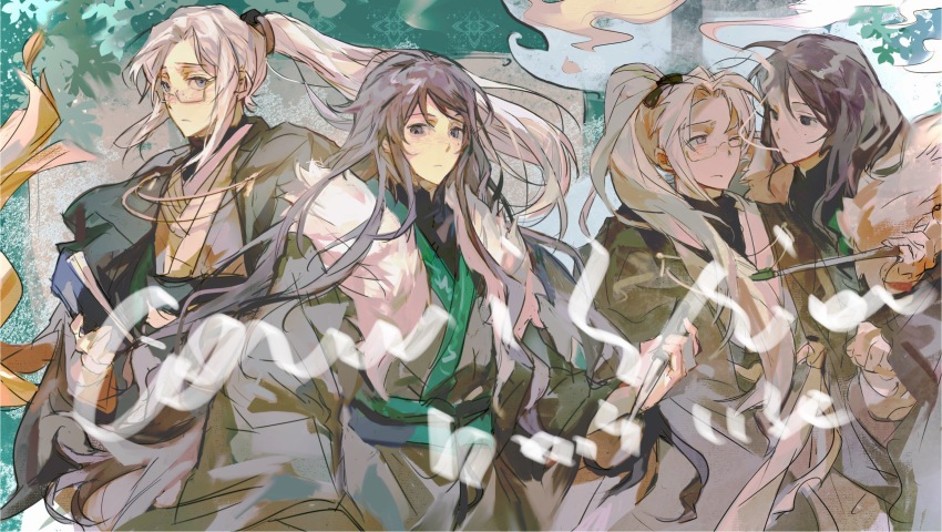 2boys, black_eyes, black_hair, black_hands, chinese_clothes, closed_mouth, colored_extremities, commission