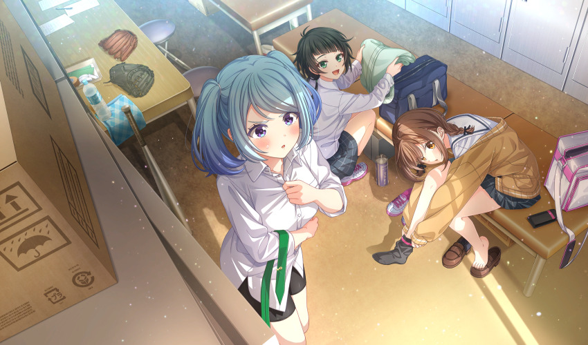 3girls, :d, adjusting_footwear, asymmetrical_bangs, bag, baseball_glove, black_bag, black_bow