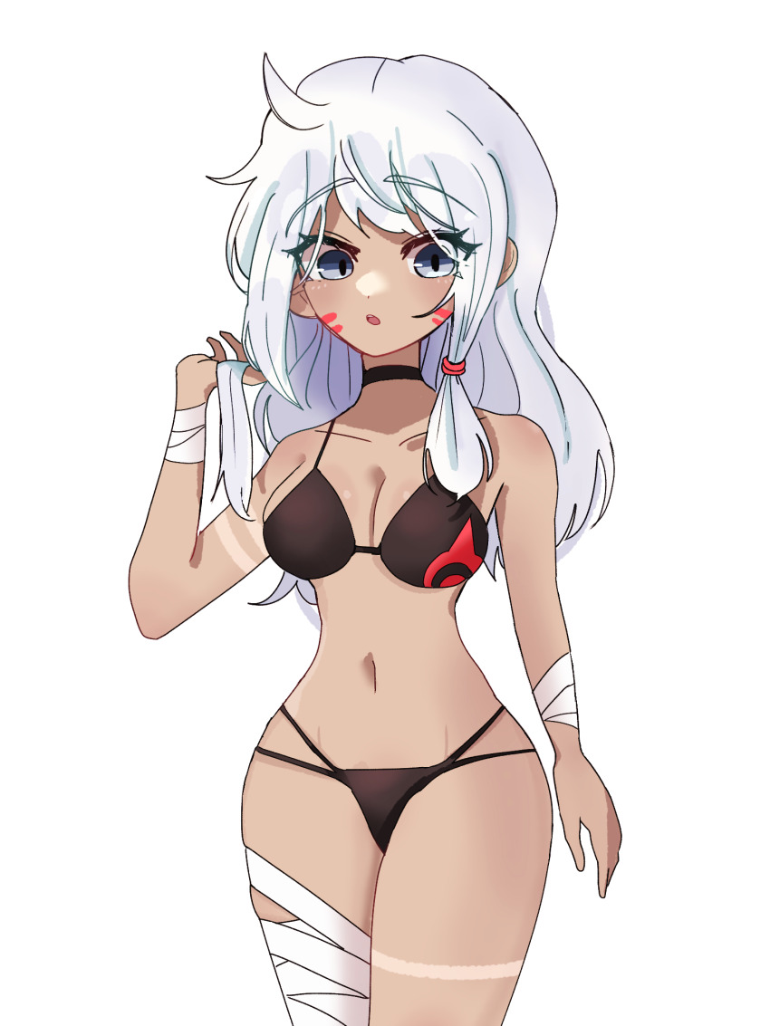 1girl, bikini, black_bikini, blue_eyes, breasts, dark_skin, eyelashes, facepaint, highres, holding, holding_own_hair, long_hair, looking_at_viewer, medium_breasts, multicolored_bikini, navel, nyanko_daisensou, red_bikini, short_twintails, simple_background, solo, surprised, swimsuit, thighs, tsen, twintails, ururun_wolf_(nyanko_daisensou), white_background, white_hair, wrapping