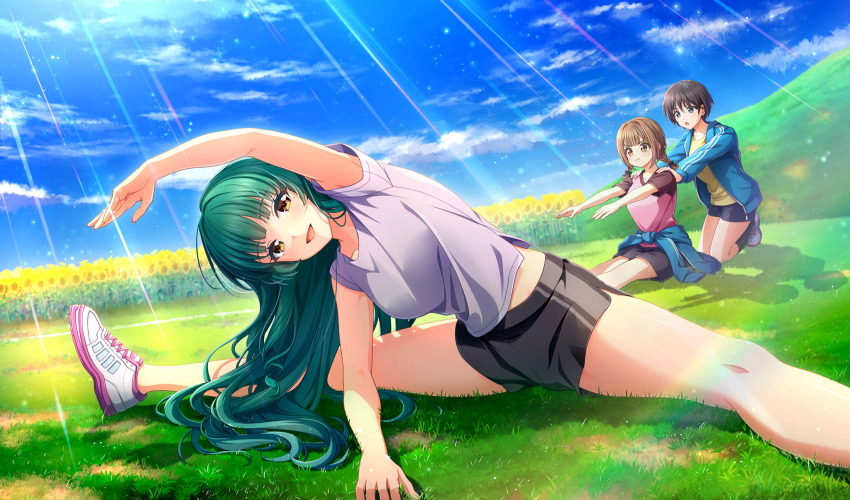 :t, arm_up, assisted_stretching, baseball_field, black_bow, black_hair, black_shorts, black_socks