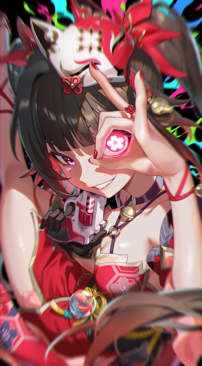 1girl, bell, black_choker, blurry, blurry_edges, breasts, brown_hair, butterfly-shaped_pupils, choker, cleavage, detached_sleeves, dress, facial_mark, finger_on_trigger, flower-shaped_pupils, fox_mask, grin, gun, handgun, highres, holding, holding_gun, holding_weapon, honkai:_star_rail, honkai_(series), issa_(itcha_178), jingle_bell, long_hair, looking_at_viewer, mask, mask_on_head, medium_breasts, mismatched_pupils, nail_polish, neck_bell, ok_sign, ok_sign_over_eye, red_dress, red_nails, red_sleeves, revolver, smile, solo, sparkle_(honkai:_star_rail), symbol-shaped_pupils, teeth, weapon