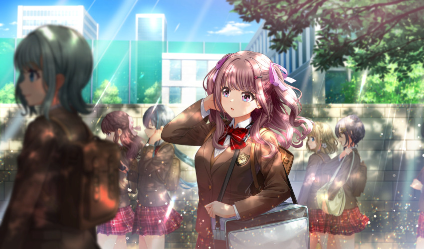6+girls, bag, black_hair, blazer, blonde_hair, blurry, bow, bowtie, brown_bag, brown_jacket, cinderella_series, collared_shirt, depth_of_field, film_grain, from_side, game_cg, green_hair, hachigatsu_no_cinderella_nine, hair_ornament, hair_ribbon, hairclip, hand_in_own_hair, highres, holding, holding_bag, imada_anju, jacket, lens_flare, light_particles, light_rays, long_hair, long_sleeves, looking_ahead, multiple_girls, non-web_source, official_art, outdoors, parted_lips, pink_ribbon, plaid_bow, plaid_bowtie, plaid_clothes, plaid_skirt, pleated_skirt, purple_hair, red_bow, red_bowtie, red_skirt, ribbon, school_emblem, school_uniform, shirt, short_hair, shoulder_bag, skirt, solo_focus, standing, sunbeam, sunlight, tree, tree_shade, two_side_up, walking, wavy_hair, white_shirt