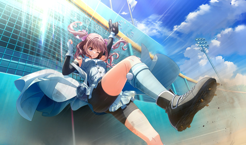 1girl, aqua_gloves, aqua_shirt, aqua_skirt, aqua_socks, arm_up, armband, ball, baseball, baseball_(object), baseball_glove, baseball_stadium, bike_shorts, bike_shorts_under_skirt, black_footwear, black_shorts, catching, cinderella_series, clenched_teeth, cloud, dust_cloud, dutch_angle, emphasis_lines, fence, fingerless_gloves, flag, floating_hair, foot_out_of_frame, from_below, game_cg, gloves, hachigatsu_no_cinderella_nine, hair_ribbon, highres, holding, holding_ball, imada_anju, jumping, non-web_source, official_art, one_eye_closed, outdoors, outstretched_arm, playing_sports, purple_eyes, purple_hair, purple_ribbon, ribbon, scoreboard, shirt, shorts, skirt, sky, sleeveless, sleeveless_shirt, socks, solo, teeth, two_side_up, v-shaped_eyebrows