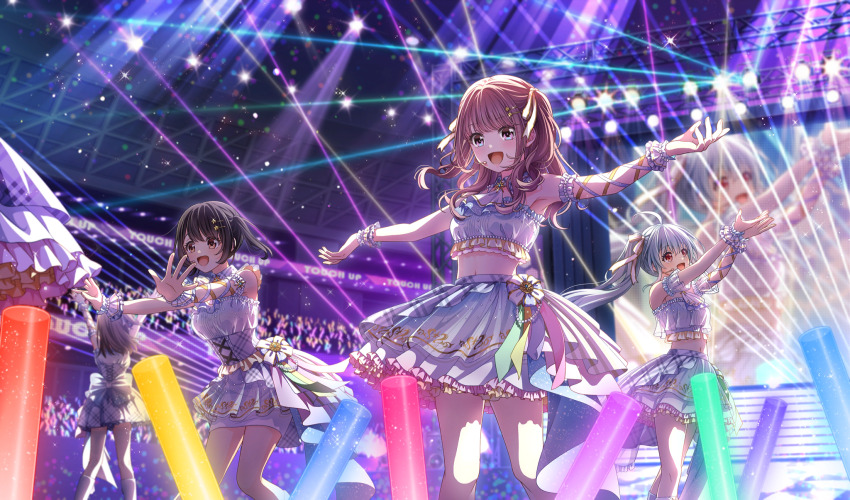 :d, ahoge, black_hair, brown_eyes, cinderella_series, concert, film_grain, frilled_shirt