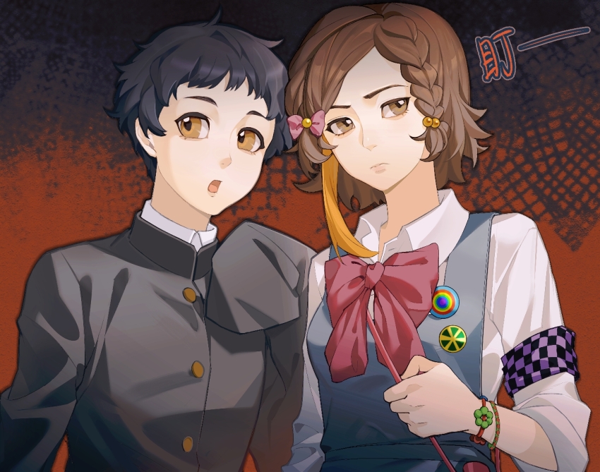 2girls, armband, badge, black_armband, black_background, black_hair, black_jacket, blonde_hair