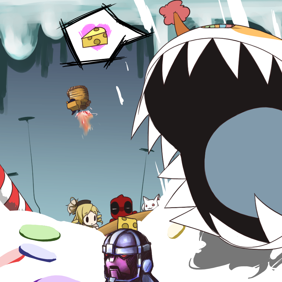 10s, 1girl, bad_id, bad_pixiv_id, capcom, charlotte_(madoka_magica), cheese, crossover