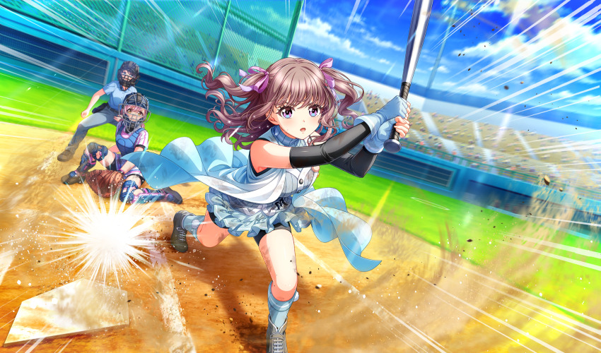 3girls, aqua_gloves, aqua_shirt, aqua_skirt, aqua_socks, armband, baseball, baseball_bat, baseball_glove, baseball_stadium, baseball_uniform, belt, bike_shorts, bike_shorts_under_skirt, black_belt, black_footwear, black_shorts, blue_shirt, blurry, brown_eyes, brown_footwear, catcher's_mask, catcher_(baseball), chest_protector, cinderella_series, cloud, depth_of_field, dust_cloud, dutch_angle, emphasis_lines, fingerless_gloves, game_cg, gloves, grey_pants, hachigatsu_no_cinderella_nine, hair_ribbon, highres, holding, holding_baseball_bat, imada_anju, long_hair, looking_ahead, metal_baseball_bat, multiple_girls, non-web_source, official_art, on_one_knee, open_mouth, outdoors, pants, pink_hair, pink_ribbon, playing_sports, purple_eyes, purple_hair, ribbon, sakurada_chiyo, satogahama_baseball_uniform, shin_guards, shirt, shirt_under_shirt, short_sleeves, shorts, skirt, sky, sleeveless, sleeveless_shirt, socks, solo_focus, sportswear, standing, striped_clothes, striped_shirt, sweat, two_side_up, umpire, undershirt, v-shaped_eyebrows, vertical-striped_clothes, vertical-striped_shirt, wavy_hair