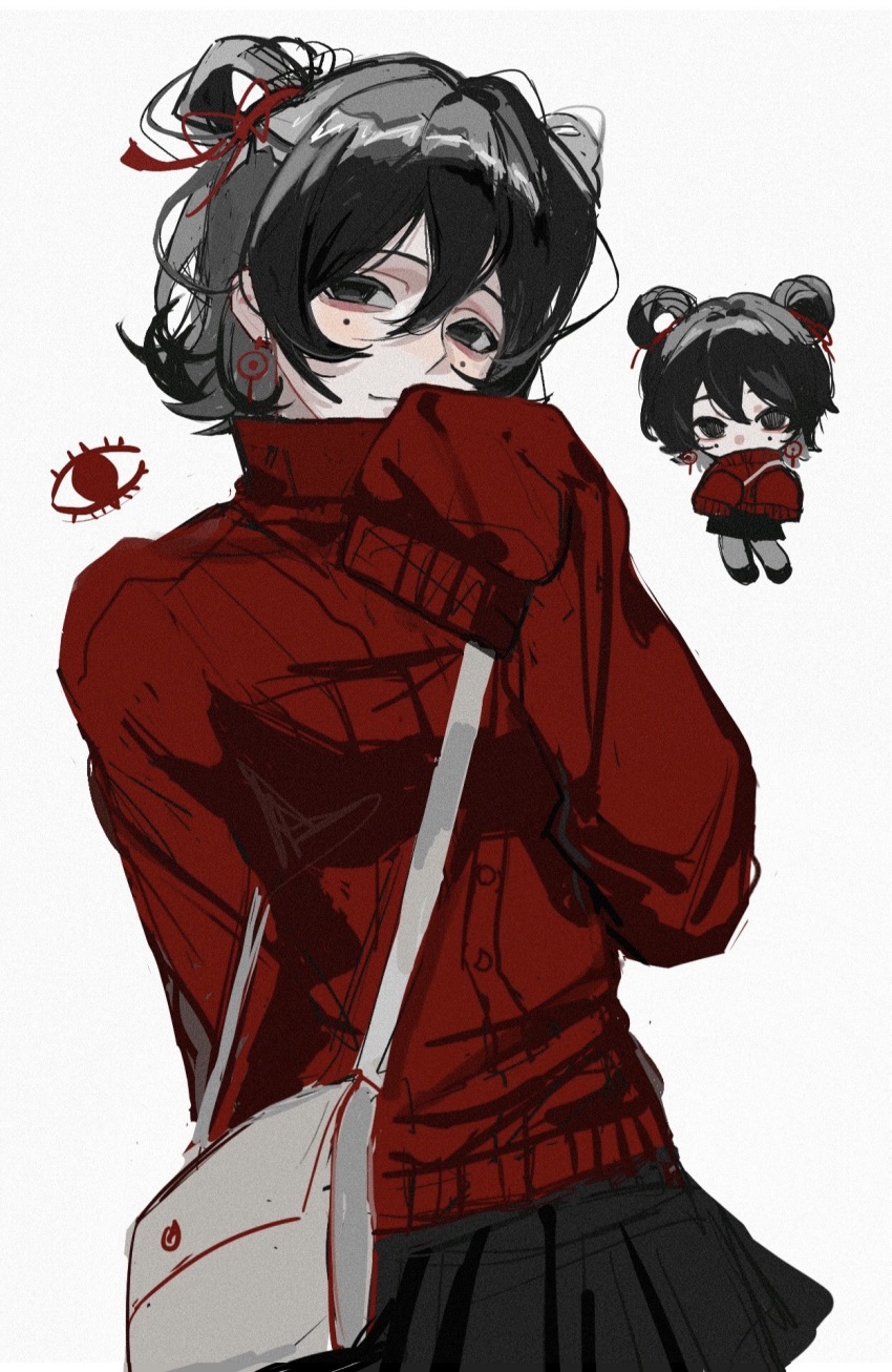 1girl, bag, black_eyes, black_hair, black_shoes, black_skirt, chibi, chinese_commentary