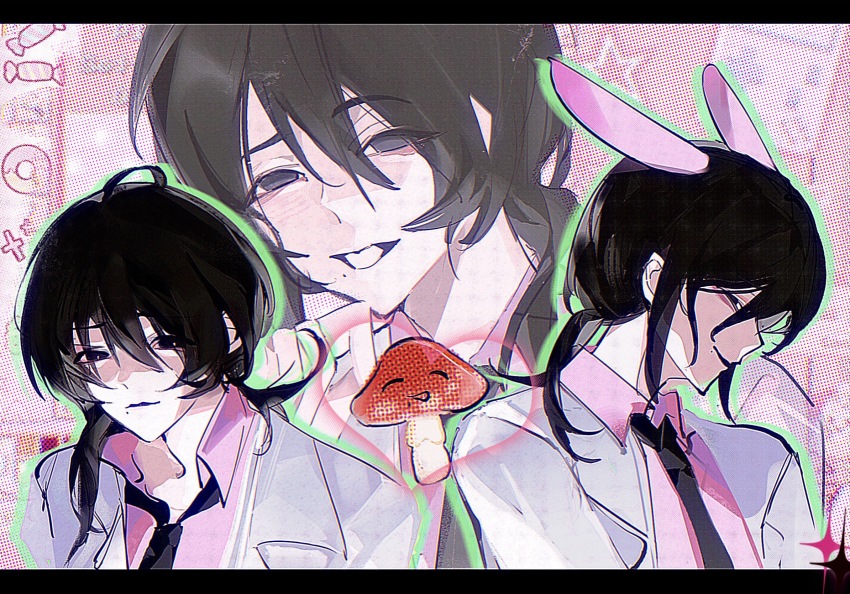 1boy, animal_ears, black_eyes, black_hair, black_necktie, chinese_commentary, collared_shirt, commentary_request, hair_between_eyes, heart, highres, jacket, letterboxed, male_focus, military_uniform, mo_chengwei, multiple_views, mushroom, necktie, open_clothes, open_jacket, pink_shirt, rabbit_ears, shirt, smile, touqi_guaitan, white_jacket, zanwu69611