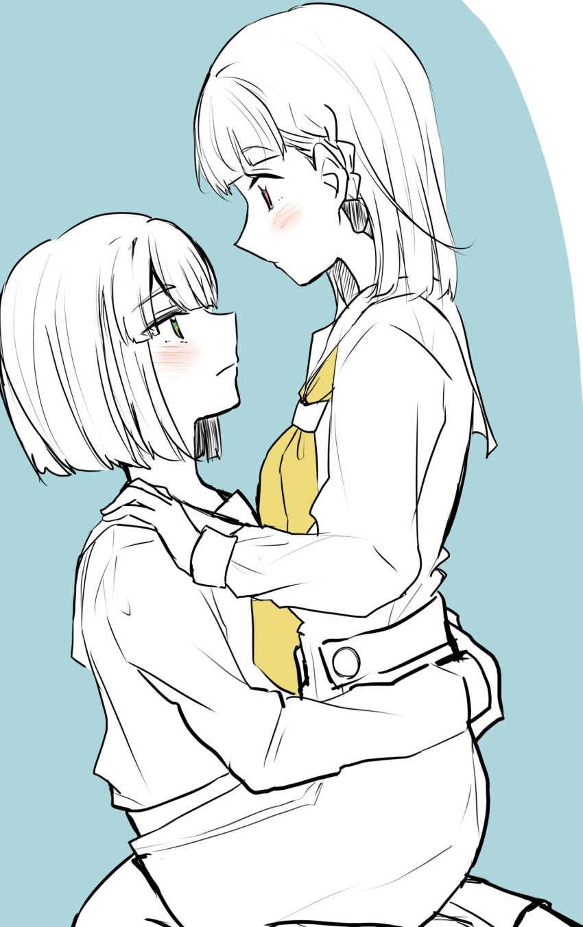 2girls, arms_around_another's_waist, blue_background, blunt_bangs, blunt_ends, blush, braid, center-flap_bangs, dress, eye_contact, from_side, green_eyes, greyscale_with_colored_background, hasu_no_sora_school_uniform, highres, kachimachi_kosuzu, link!_like!_love_live!, long_hair, long_sleeves, looking_at_another, love_live!, medium_dress, momose_ginko, multiple_girls, namazakana_kuenai, neckerchief, pink_eyes, pleated_dress, profile, sailor_collar, sailor_dress, school_uniform, short_hair, side_ahoge, side_braids, sitting, sitting_on_person, spot_color, straddling, upright_straddle, virtual_youtuber, winter_uniform, yellow_neckerchief, yuri