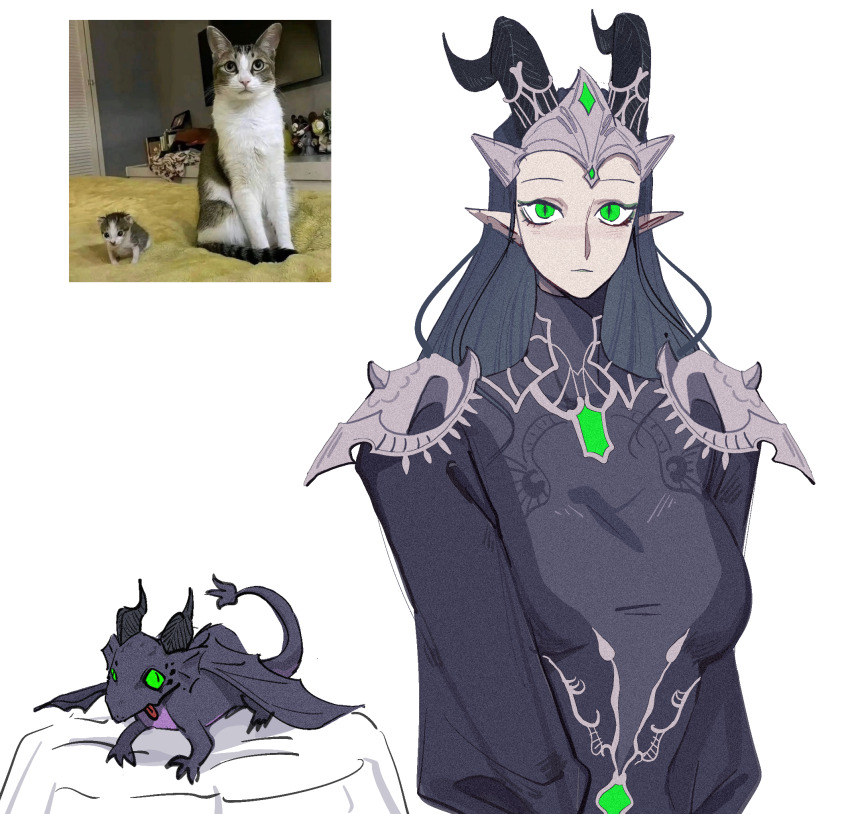 1girl, animal, armor, baby_animal, black_hair, cat, chinese_commentary, commentary_request