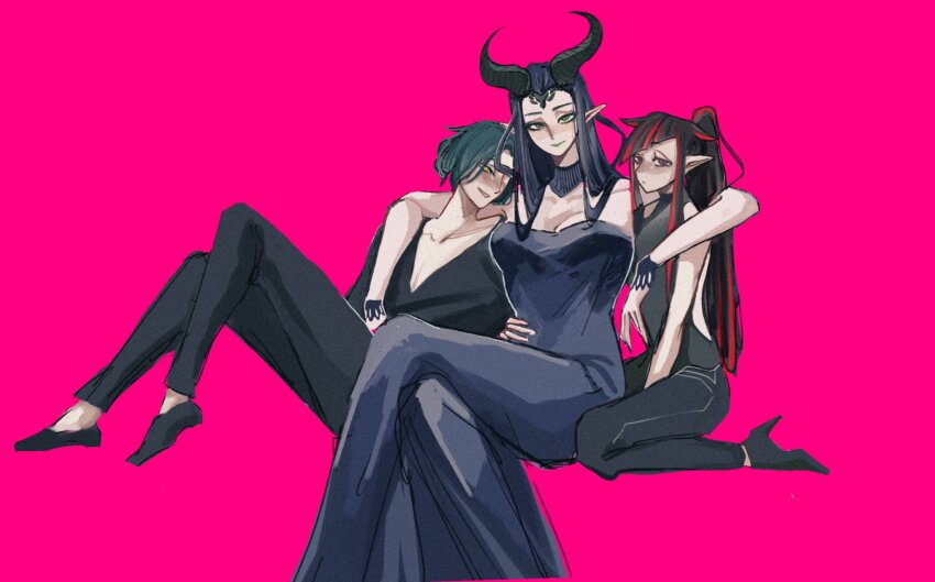 arm_around_shoulder, black_dress, black_hair, black_shirt, commentary, crossed_legs, dragon_girl, dragon_horns, dress, english_commentary, green_eyes, highres, horns, kneeling, lilia_vanrouge, lilia_vanrouge_(general's_armor), long_hair, looking_at_viewer, maleanor_draconia, multicolored_hair, pink_background, pointy_ears, raverne_draconia, red_eyes, red_hair, reeeeehannnnnn, shirt, short_hair, simple_background, sitting, sleeveless, sleeveless_shirt, slit_pupils, streaked_hair, trap, twisted_wonderland, yellow_eyes