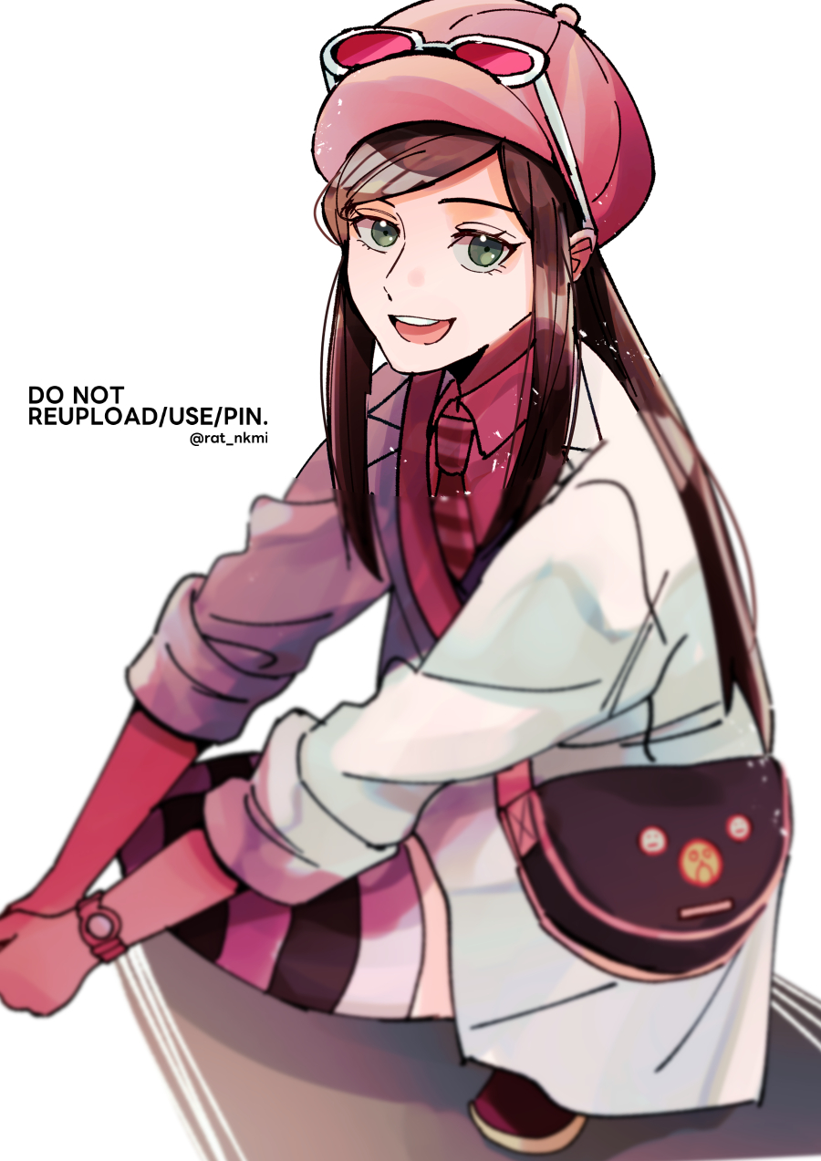 1girl, ace_attorney, artist_name, bag, brown_hair, coat, ema_skye, eyewear_on_headwear