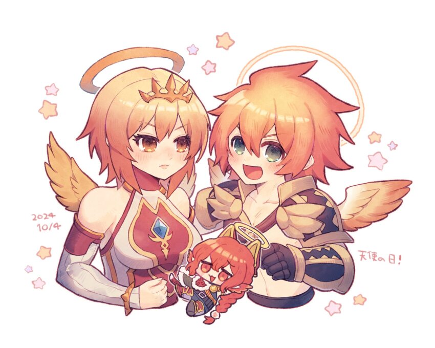 1girl, 2boys, angel, angel_wings, archangel_uriel_(p&amp;d), camael_(p&amp;d), chibi, feathered_wings