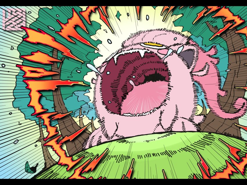 colored_skin, commentary_request, emphasis_lines, fangs, grass, highres, letterboxed, motion_blur, nintendo, no_humans, on_ground, open_mouth, pink_skin, pokemon, pokemon_(creature), saliva, scream_tail, screaming, teeth, tkm_kuroneko, tree, yellow_eyes