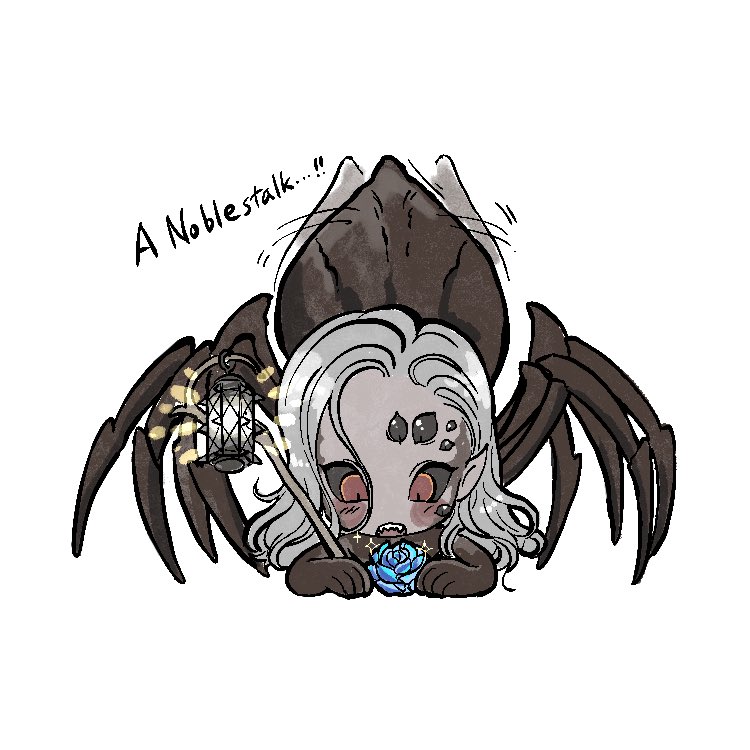 1boy, arachne_boy, baldur's_gate, baldur's_gate_3, black_sclera, blue_flower, ch01r, chibi, colored_sclera, commentary_request, dungeons_&amp;_dragons, english_text, extra_eyes, flower, full_body, grey_hair, kar'niss, korean_commentary, lantern, long_hair, male_focus, monster_boy, red_eyes, simple_background, solo, tail, tail_wagging, white_background