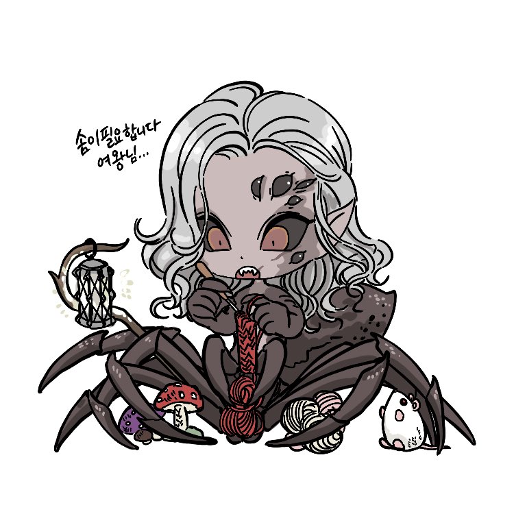 1boy, animal, arachne_boy, baldur's_gate, baldur's_gate_3, black_sclera, ch01r, chibi, colored_sclera, commentary_request, dungeons_&amp;_dragons, extra_eyes, fangs, full_body, grey_hair, kar'niss, knitting, korean_commentary, korean_text, lantern, long_hair, male_focus, monster_boy, mouse_(animal), mushroom, pointy_ears, red_eyes, simple_background, solo, translation_request, white_background, yarn, yarn_ball