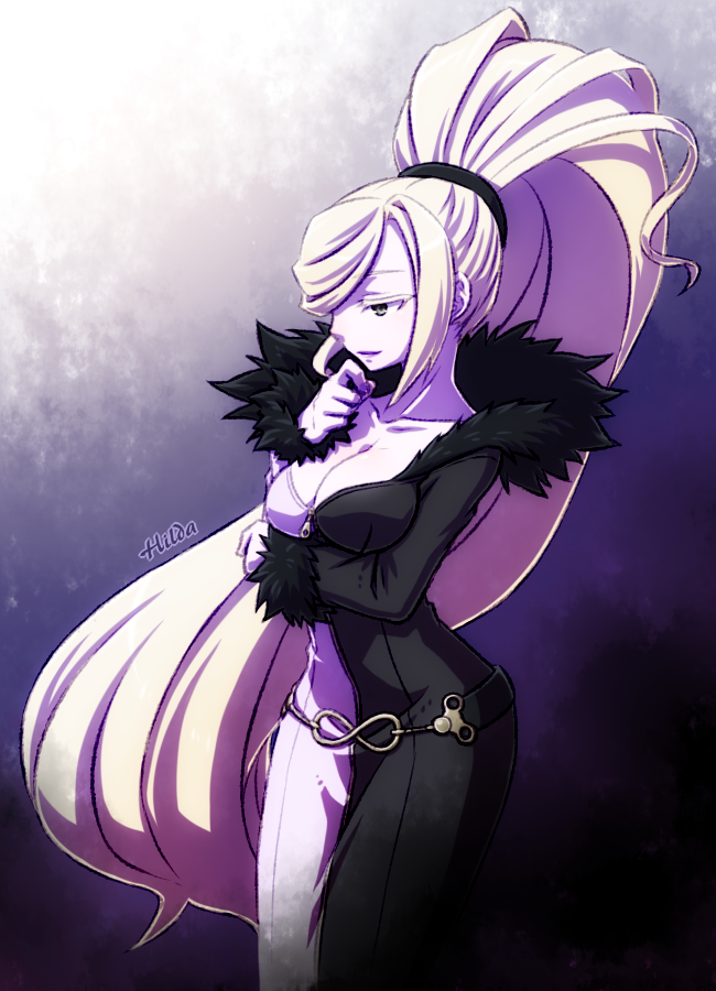 1girl, absurdly_long_hair, blonde_hair, breasts, character_name, cleavage, dress, fur_trim