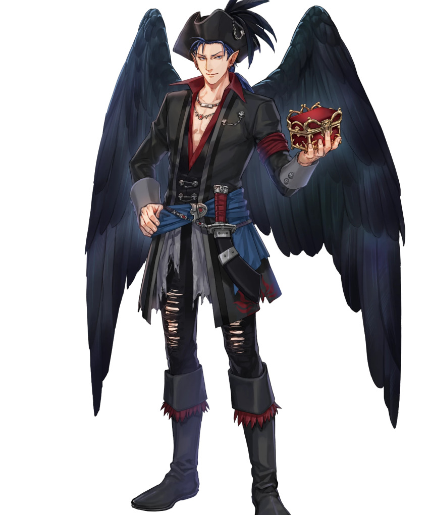 1boy, black_wings, blue_eyes, blue_hair, boots, earrings, fire_emblem, fire_emblem:_radiant_dawn
