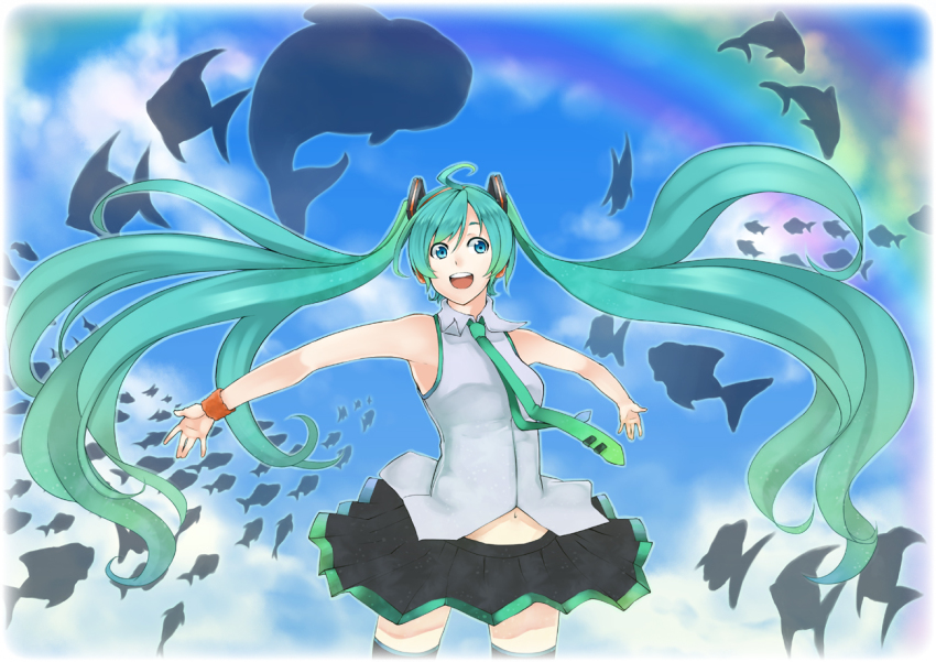 1girl, ahoge, aqua_hair, bare_shoulders, blue_eyes, female_focus, fish, floating_hair, hatsune_miku, kuuchuu_aquarium_(vocaloid), long_hair, miniskirt, navel, necktie, open_mouth, rainbow, retsuna, shirt, silhouette, skirt, sleeveless, sleeveless_shirt, solo, the_sky_aquarium_(vocaloid), thighhighs, twintails, very_long_hair, vocaloid, wristband, zettai_ryouiki