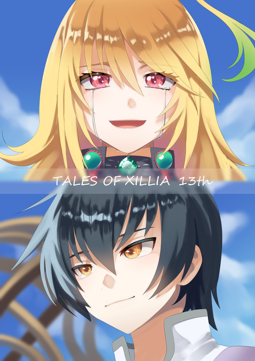 1boy, 1girl, anniversary, black_hair, blonde_hair, blue_sky, blurry, blurry_background, closed_mouth, cloud, commentary_request, copyright_name, crying, hair_between_eyes, highres, jude_mathis, mi_be35_(mirin), milla_maxwell, open_mouth, red_eyes, sky, smile, streaming_tears, tales_of_(series), tales_of_xillia, tears, yellow_eyes