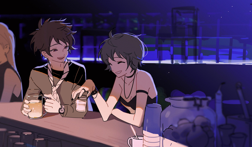 1boy, 1girl, absurdres, alcohol, alternate_costume, ascot, bar_(place), beer, beer_mug, black_choker, black_dress, black_hair, black_nails, black_shirt, bracelet, breasts, brown_hair, choker, cleavage, closed_eyes, collarbone, cup, dress, harada_minoru, highres, holding, holding_cup, indoors, isoi_rai, jewelry, light_particles, mug, necklace, open_mouth, ring, saibou_shinkyoku, shirt, short_hair, small_breasts, smile, strapless, strapless_dress, striped_ascot, wobuzaia, yellow_ascot