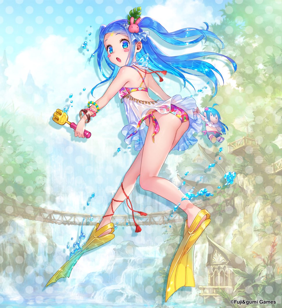 1girl, ass, bikini, blue_eyes, blue_hair, breasts, character_doll, commentary_request