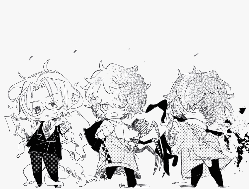 3boys, bug, call_of_cthulhu, capelet, chibi, chibi_only, chinese_commentary, coat