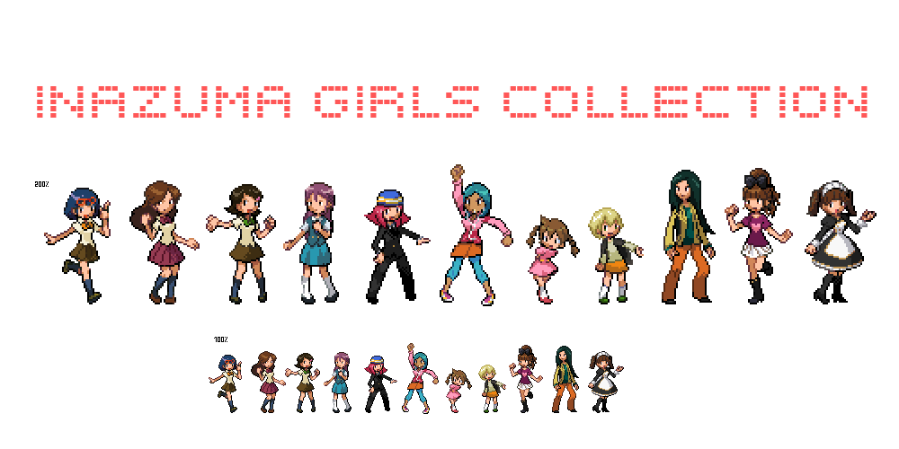 6+girls, blue_hair, bow, brown_hair, chiyo-chiyo, eriko_(chiyo-chiyo), glasses, gouenji_yuuka, green_hair, hat, inazuma_eleven, inazuma_eleven_(series), kino_aki, kira_hitomiko, kudou_fuyuka, long_hair, maid, multiple_girls, nintendo, otonashi_haruna, parody, pixel_art, pokemon, purple_hair, raimon_natsumi, rushe_(inazuma_eleven), style_parody, tuxedo, urabe_rika, zaizen_touko