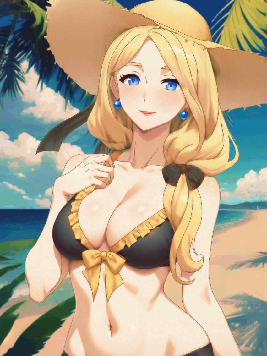 1girl, absurdres, beach, bikini, black_bikini, blonde_hair, blue_eyes, blue_sky