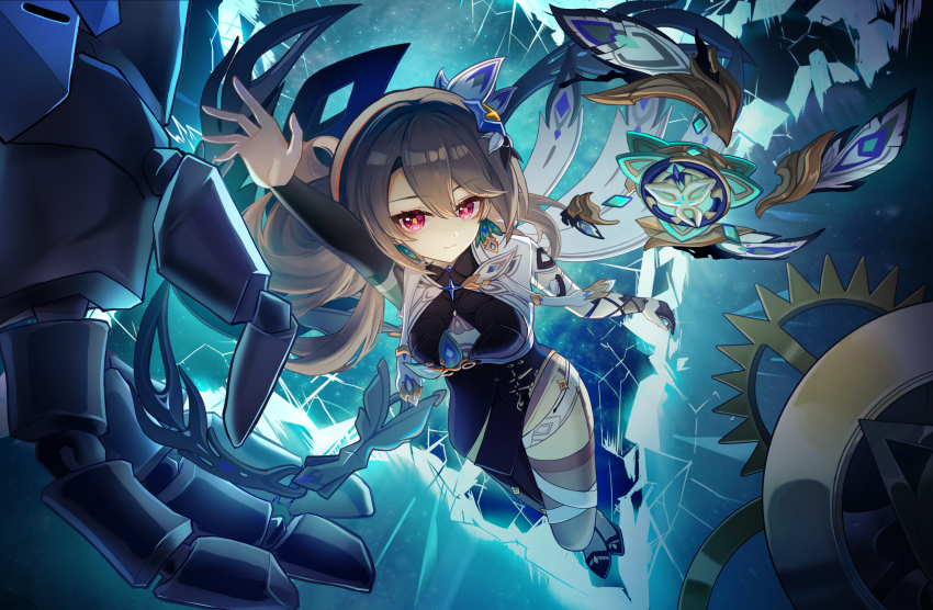 1girl, asymmetrical_gloves, black_gloves, black_thighhighs, blue_bodysuit, bodysuit, breasts, closed_mouth