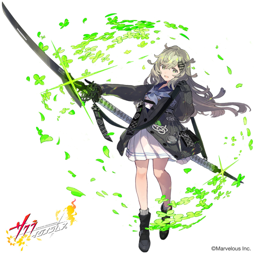 1girl, :d, black_footwear, black_gloves, blue_sailor_collar, cardigan, commentary_request, copyright_logo, copyright_name, floating_hair, full_body, gloves, green_cardigan, grey_neckerchief, grey_socks, hair_between_eyes, hair_ornament, hairpin, holding, holding_polearm, holding_weapon, logo, long_hair, looking_at_viewer, naginata, nazuna_(sakura_ignoramus), neckerchief, official_art, open_mouth, polearm, sailor_collar, sakura_ignoramus, school_uniform, second-party_source, serafuku, simple_background, smile, socks, solo, standing, watarubou, weapon, white_background, white_serafuku