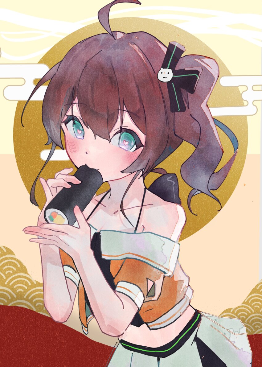 1girl, absurdres, ahoge, black_camisole, blue_eyes, blush, brianlee709, brown_hair