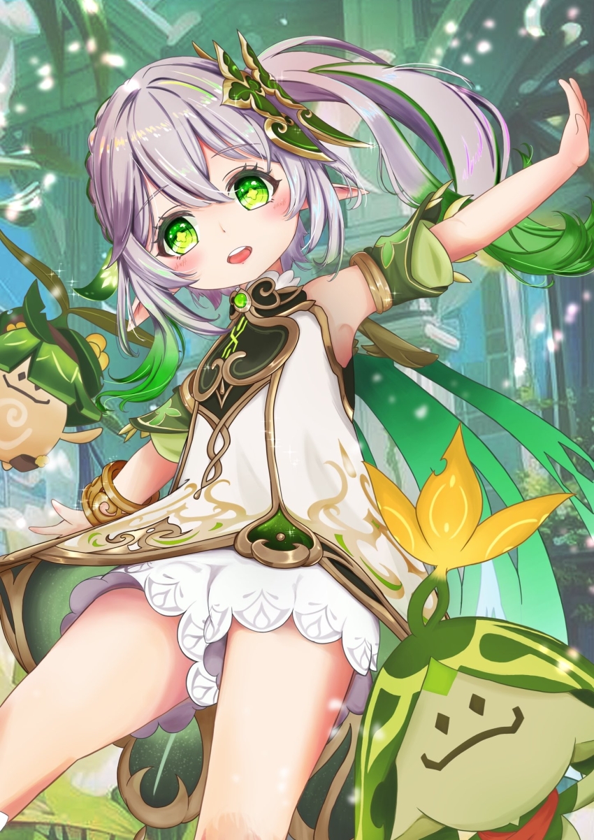 1girl, aranara_(genshin_impact), bare_shoulders, bloomers, blush, bracelet, commentary_request, detached_sleeves, dress, gem, genshin_impact, gold_trim, gradient_hair, green_eyes, green_gem, green_hair, grey_hair, hair_between_eyes, hair_ornament, head_tilt, highres, hoshiyomihoro, jewelry, leaf_hair_ornament, looking_at_viewer, multicolored_hair, nahida_(genshin_impact), open_mouth, outstretched_arms, pointy_ears, sleeveless, sleeveless_dress, solo, symbol-shaped_pupils, teeth, underwear, upper_teeth_only, white_bloomers, white_dress